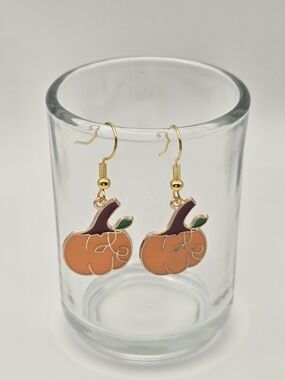 Gold-Tone Orange Pumpkin Drop Earrings with Green Leaf Accents